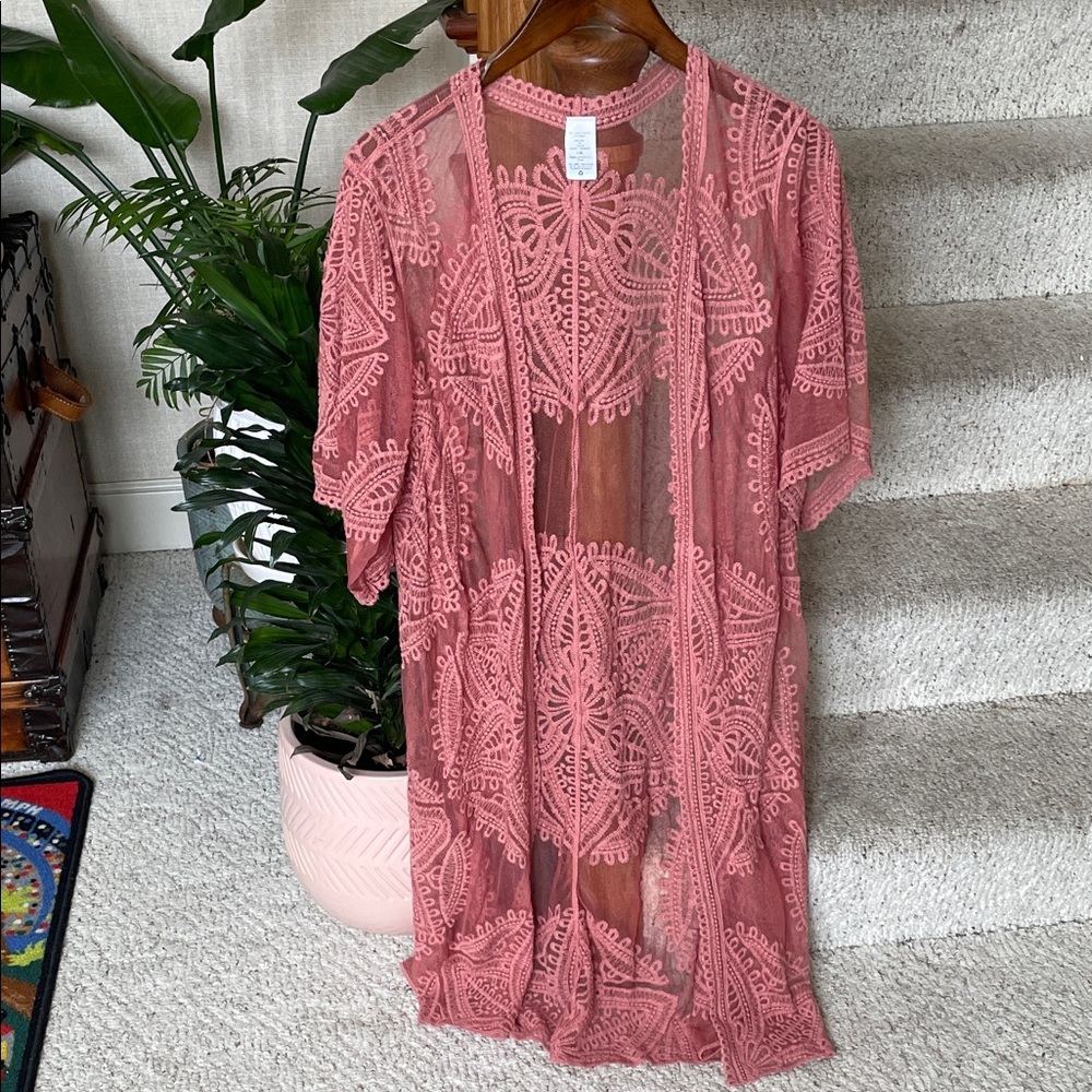 Rose Gold Pink Bohemian Lace Kimono Cardigan